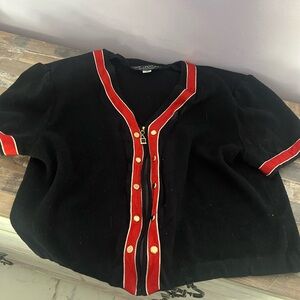 St. John Black Knit Cardigan with Red and Gold Accents